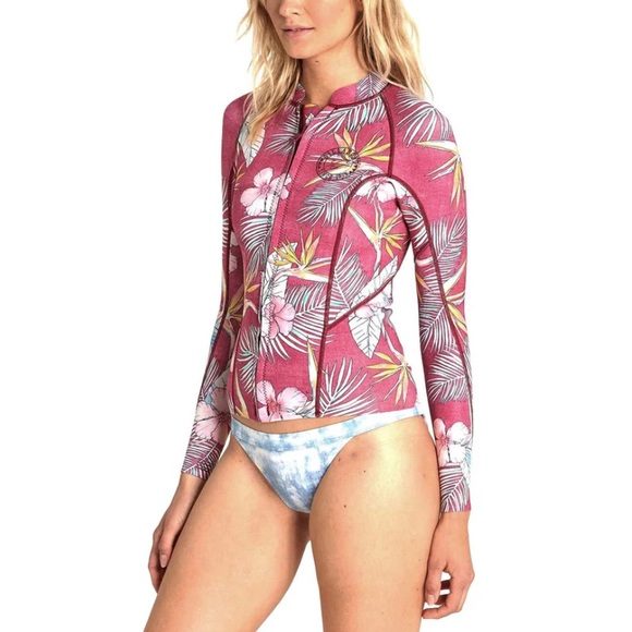 Billabong 1mm Peeky front zip wetsuit Pink Floral Long Sleeve Top neoprene 6 - Picture 2 of 8